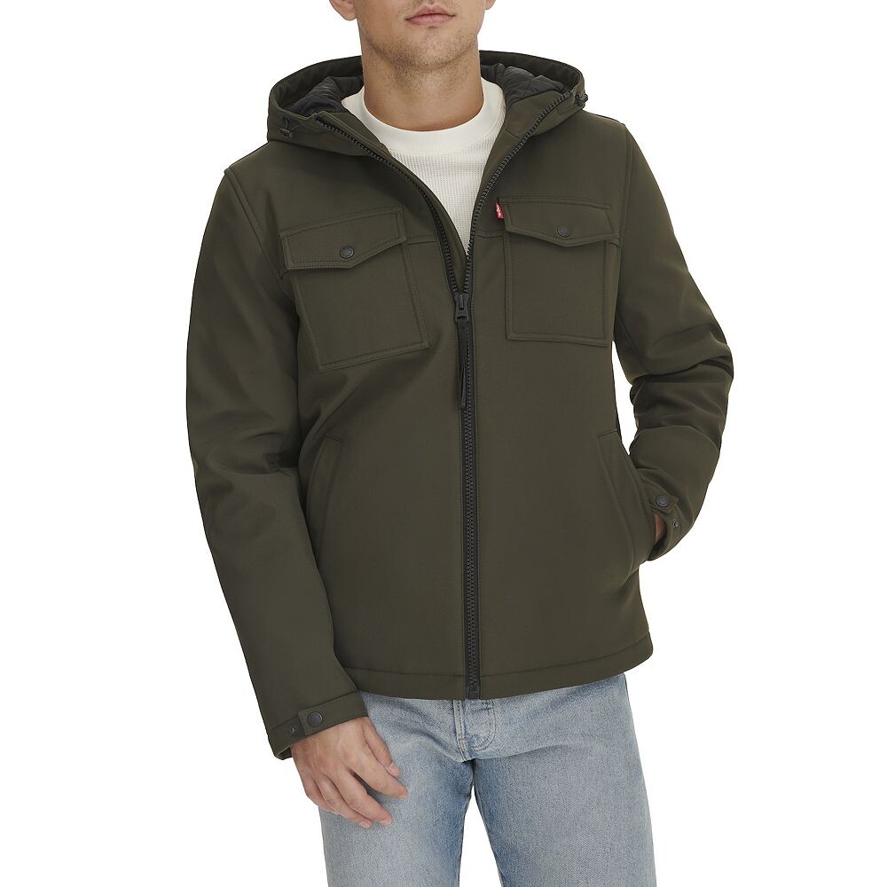 Мужское штормовое пальто с капюшоном и стеганой подкладкой Levi's Soft Shell, цвет Olive — фото 3