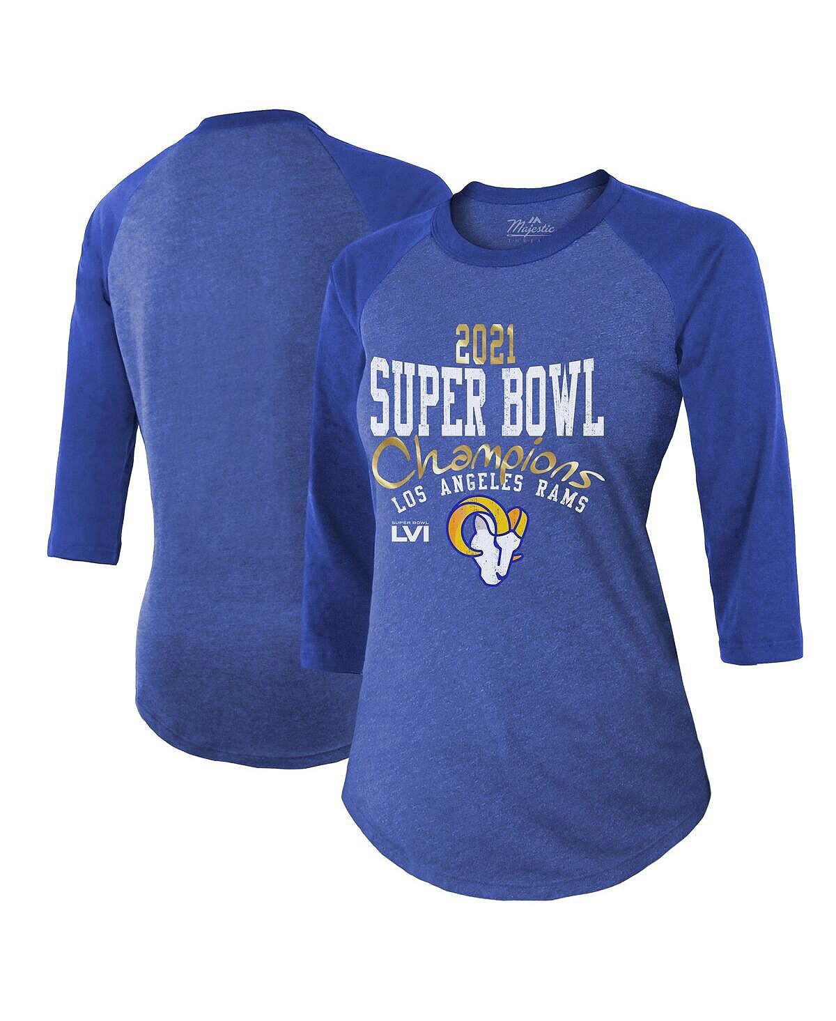 

Женская футболка Heather Royal Los Angeles Rams Super Bowl LVI Champions Roaring Success Tri-Blend, футболка реглан с рукавами 3/4 Majestic