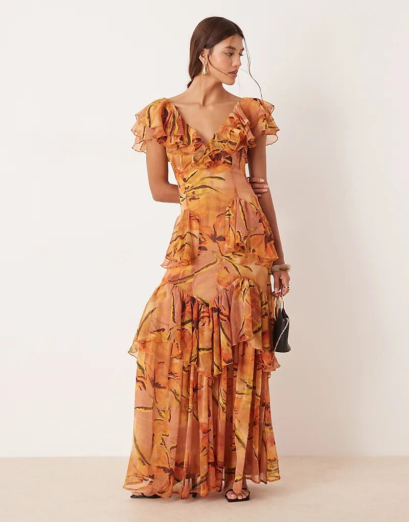 

Платье мидакси ASOS DESIGN с круглым вырезом, рукавами-крылышками и оборками, желтое с цветочным принтом