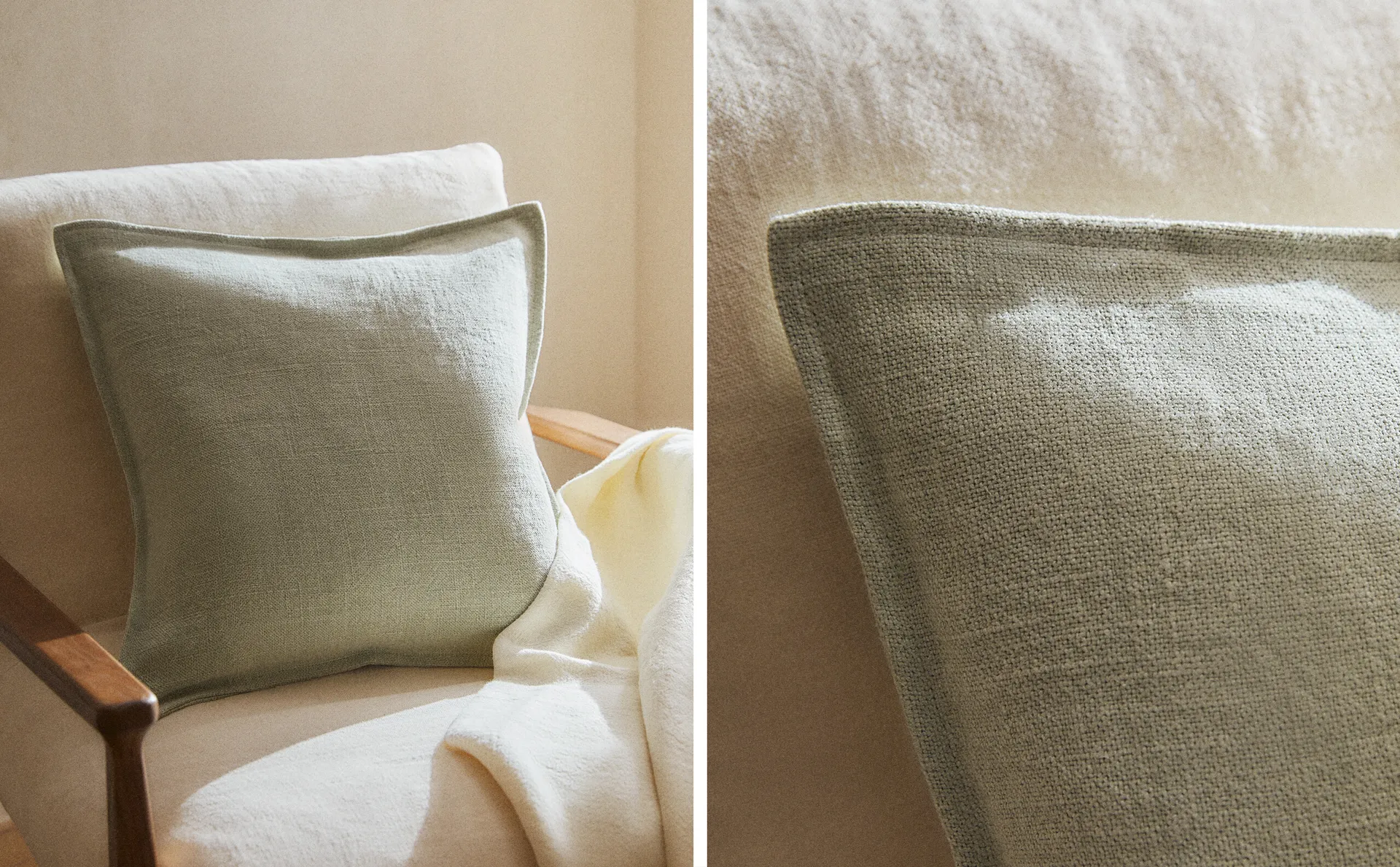 

Льняной чехол на подушку с отстрочкой Zara Home, цвет Mint Green