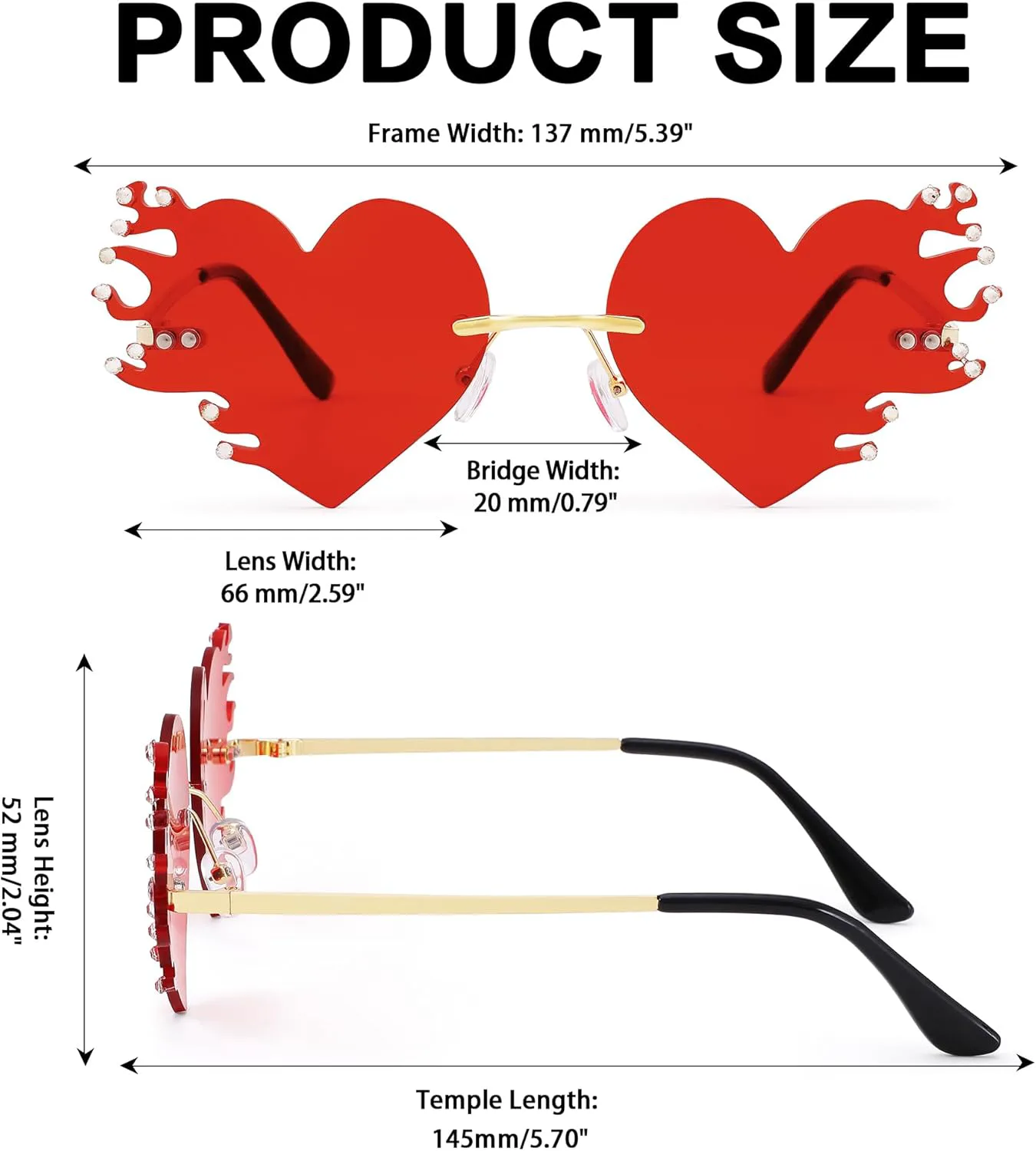 

Солнцезащитные очки Hycredi Melting Red Heart Fire Flame для женщин и мужчин, без оправы, для Хэллоуина, костюма, вечеринки, оригинальные очки, 2 Pack - Black + Red