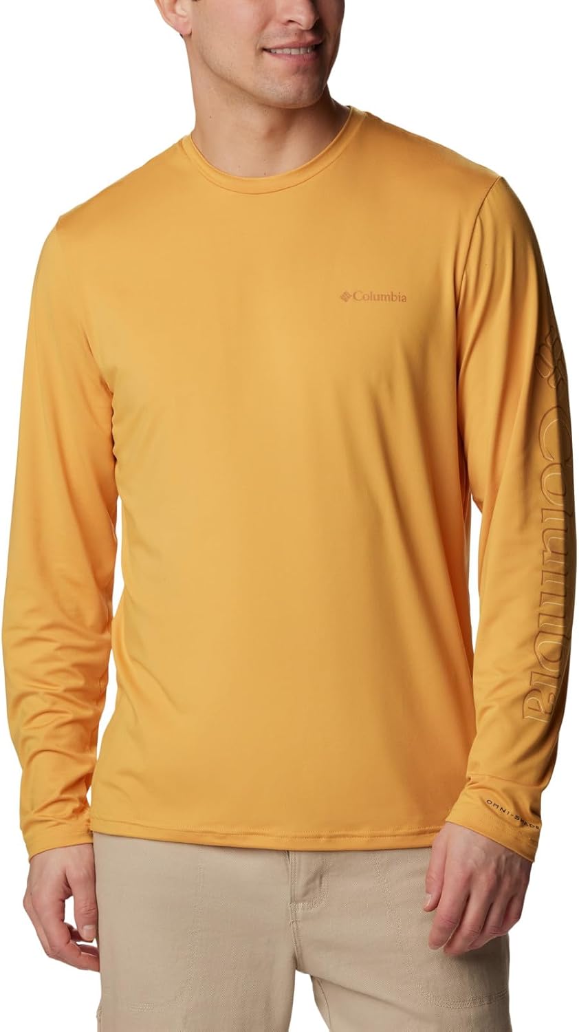 

Columbia мужская футболка Tech Trail с длинным рукавом и принтом, Raw Honey/Branded Shadow Sleeve