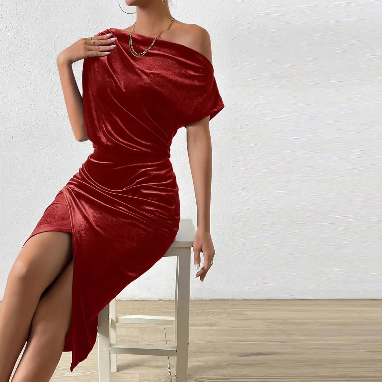 Женское коктейльное платье Off-The-Shoulder из бархата для вечера и свадебного приема, цельнокроеное, без рукавов, с разрезом, миди Generic, Wine — фото 3