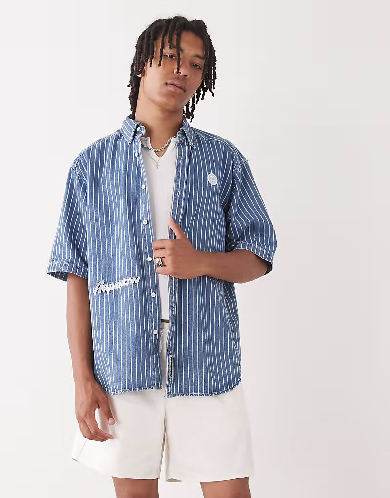 

Рубашка свободного кроя из денима с короткими рукавами Aape by A Bathing Ape, полупрозрачного синего цвета Aape By A Bathing Ape