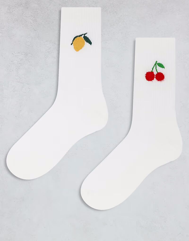 

ASOS DESIGN 2 пары носков с вышивкой лимона и вишни, белого цвета