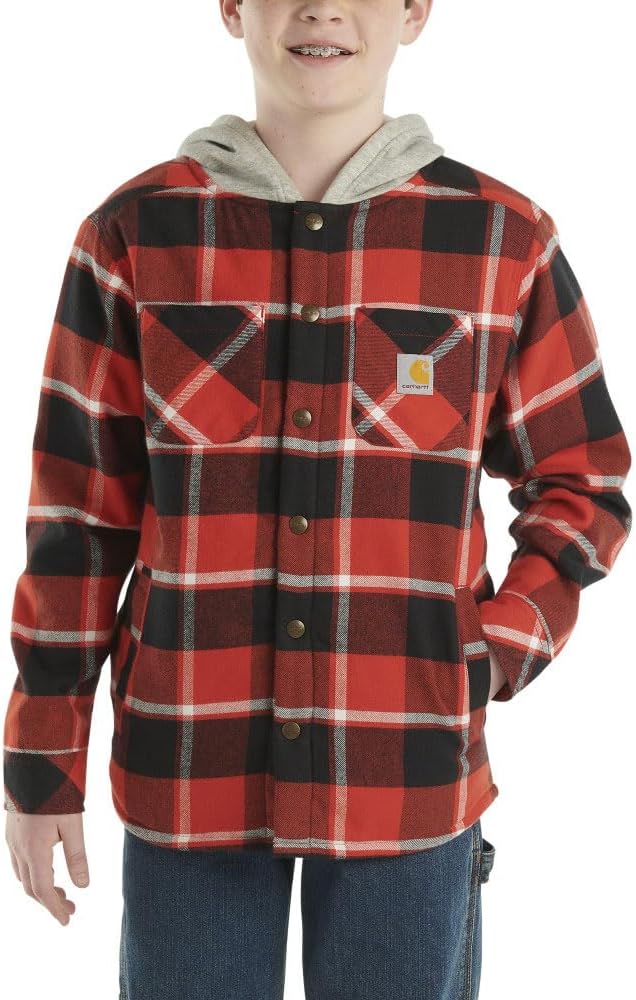 

Carhartt Kid's CP8581 фланелевая рубашка с длинным рукавом, капюшоном и кнопками - для мальчиков, Molten Lava