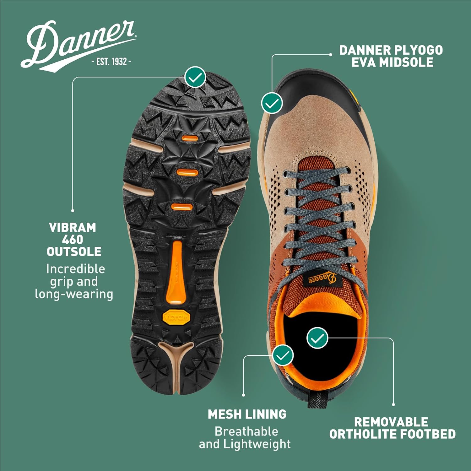 Мужские туристические ботинки Danner Trail 2650 - прочная замша, легкий текстиль с дышащей сетчатой подкладкой, стелька Ortholite и подошва Vibram для сцепления, коричневый — фото 4