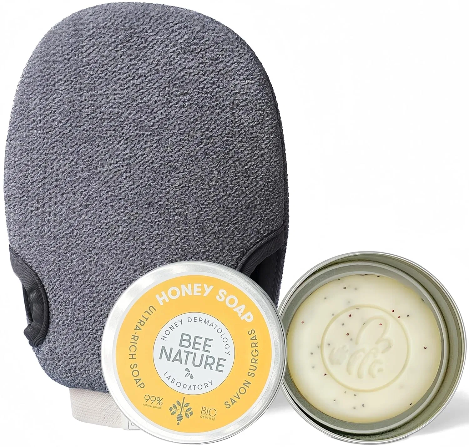 Отшелушивающая перчатка Bee Nature серая и кусок мыла с мыльницей, с органическим медом, 100 г Bee Nature