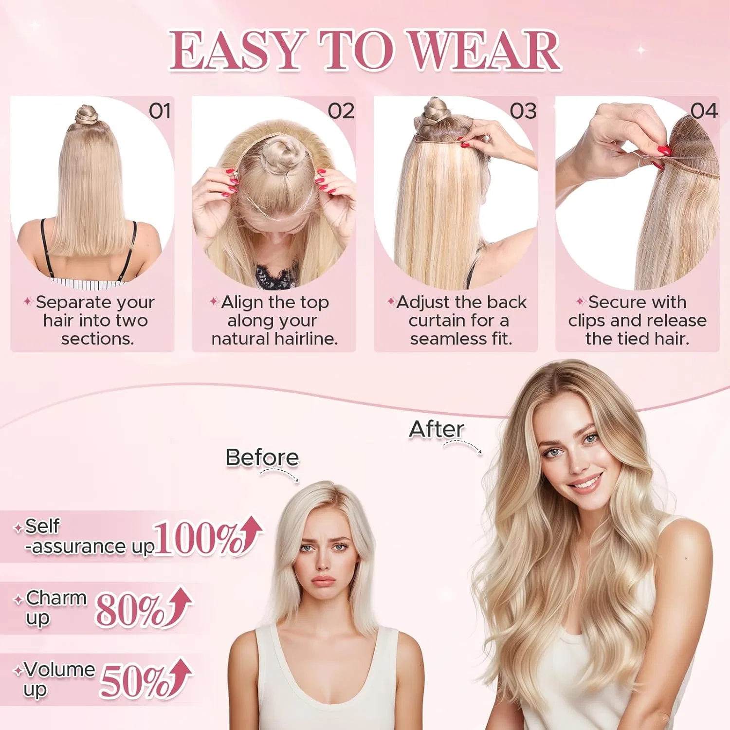 Наращивание волос Secret Hair Extensions с невидимой проволокой, 50 см, 70 г, медовый блонд Sego Pro — фото 2