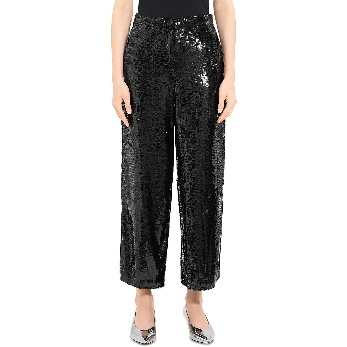 

Женские свободные укороченные брюки с пайетками Theory, цвет black fluid sequins