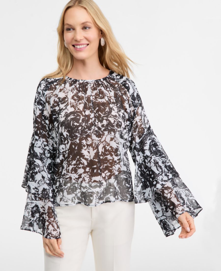 

Женская блузка с принтом и оборками INC International Concepts, Bloom Black