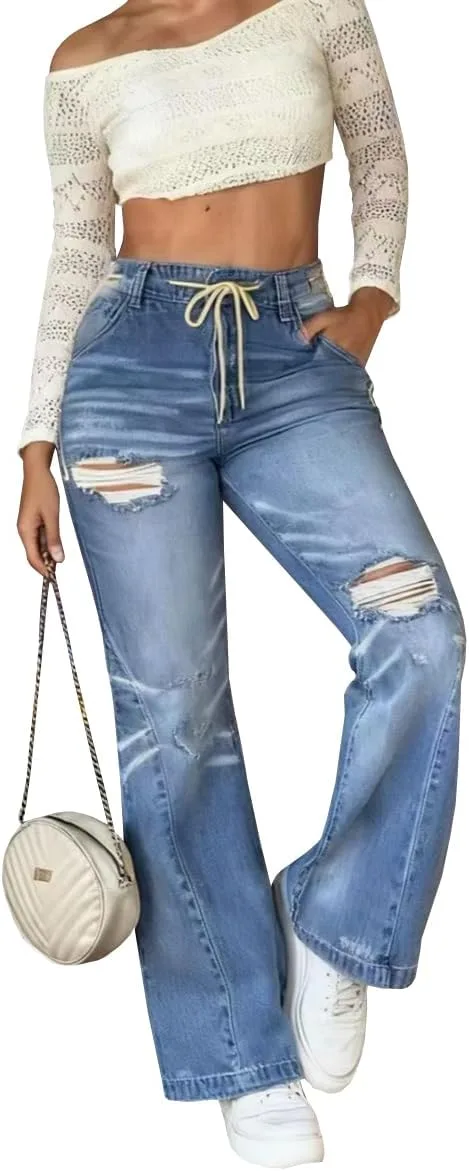 

Женские джинсы bootcut с высокой посадкой, рваные, винтажные TACSTRUN