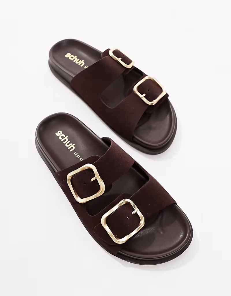 Сандалии schuh Tylee с двойной пряжкой из замши шоколадно-коричневого цвета — фото 4