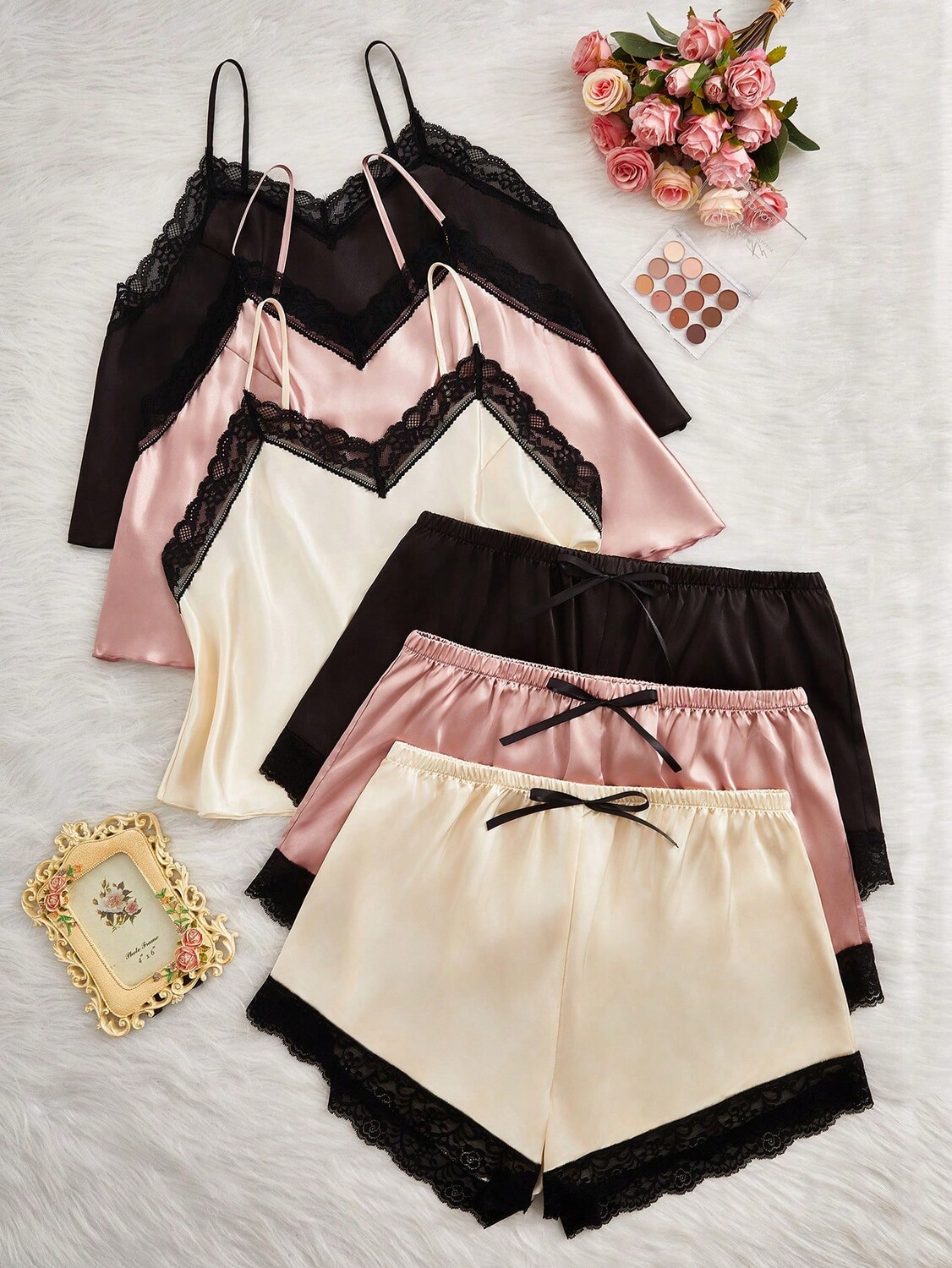 

Женский Комплект из 6 предметов, большие размеры, имитация шелка, контрастный цвет, кружевной топ на бретельках и шорты, пижамный Комплект разных цветов, мультиколор