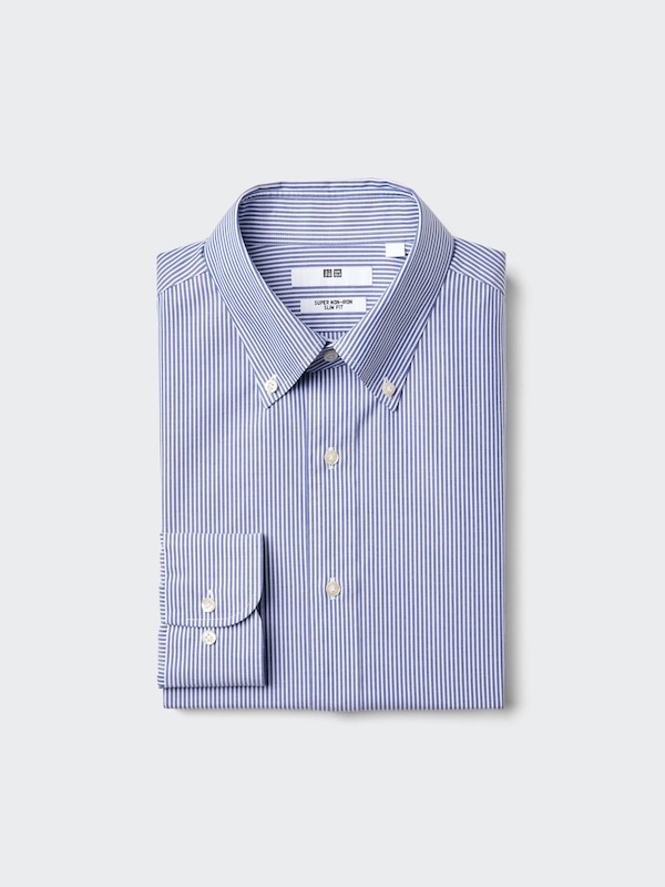 Рубашка slim fit non-iron, button-down (полоска) Uniqlo, 66 blue — фото 2
