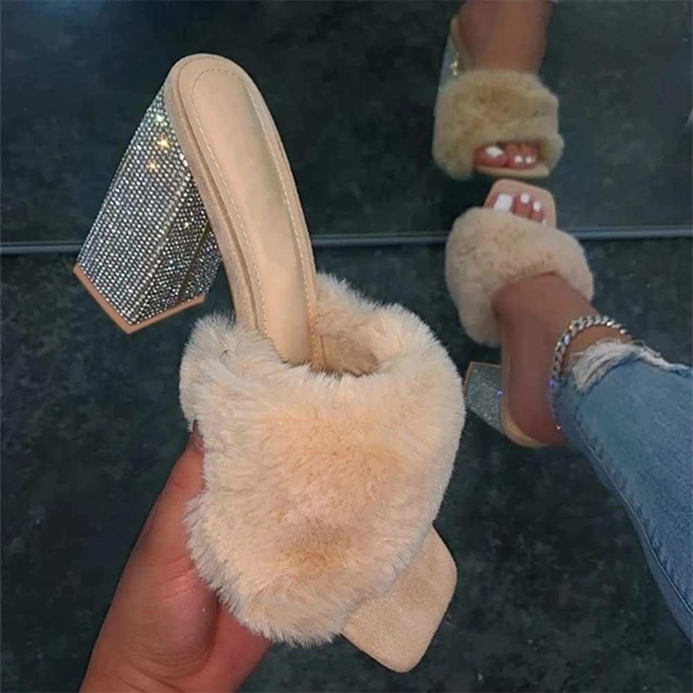HOTRA Women Fluffy Chunky Heel Slippers with Rhinestone Open Toe Slip On Сандалии Shoes (Color : Rose Red, Size : 12 US), бежевый — фото 3