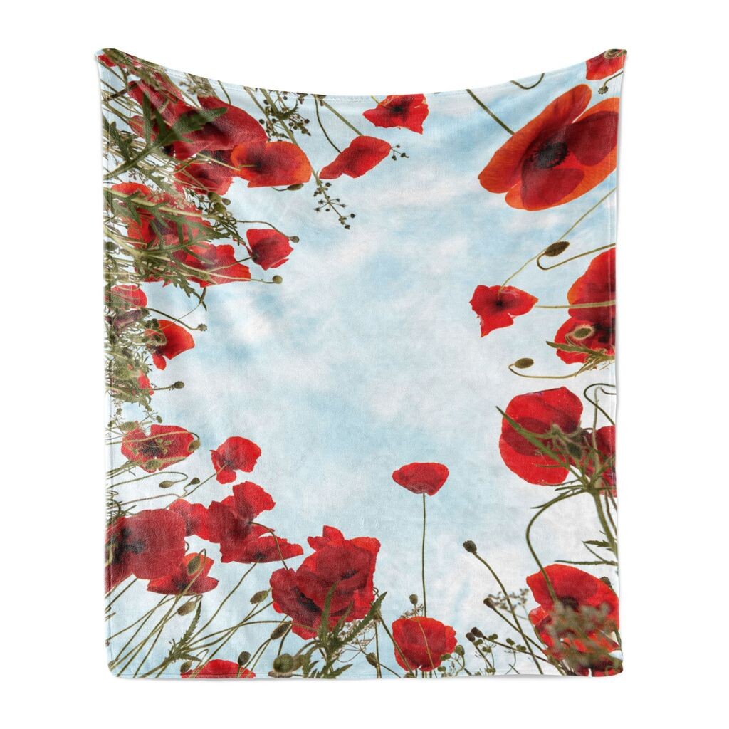 

ABAKUHAUS Poppy Мягкое фланелевое флисовое одеяло, фотография лугов и трав с небом, снятая наклоном, 175 x 230 см, ярко-красный светло-синий