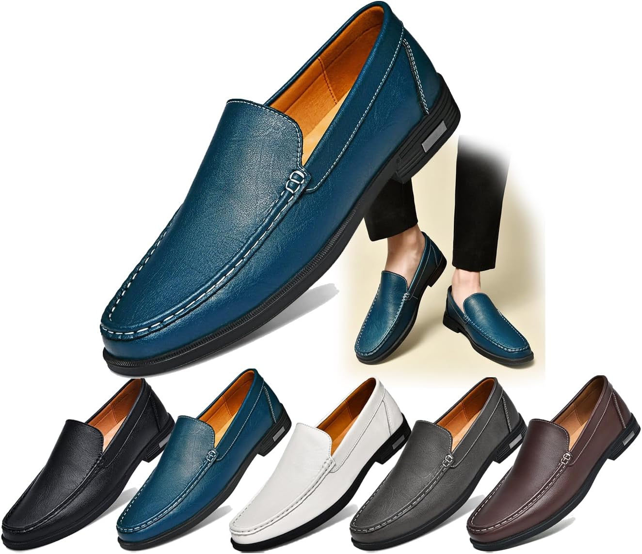 

Стильные мужские слипоны из натуральной кожи, комфортные дышащие лоферы для работы, вождения, офиса и повседневной носки - мягкая подошва, круглый носок, низкий каблук, роскошный дизайн Generic, синий