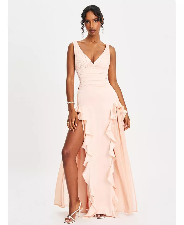 

Женское платье макси Talyssa Baby Pink с рюшами на талии и высоким разрезом Miss Circle, розовый