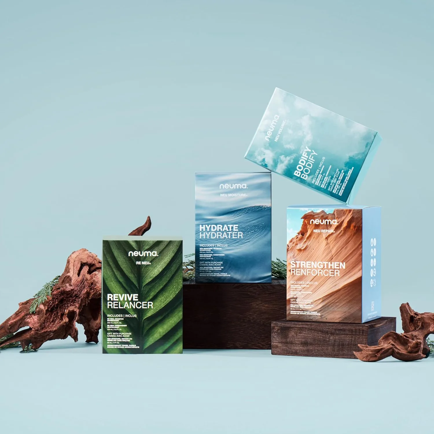 NEUMA Glow Strong. Glow Bright. Revive Gift Set. Re Neu 8.5 Fl Oz. Шампунь и кондиционер + Neu Moisture 2 Fl. Oz. Instant Fix + Aroma Therapy Travel Candle — фото 4