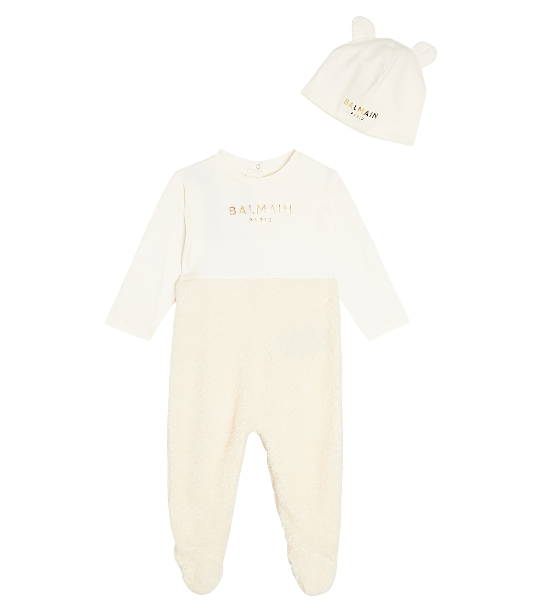 

Комплект из хлопкового комбинезона и шапочки для младенцев Balmain Kids, слоновая кость