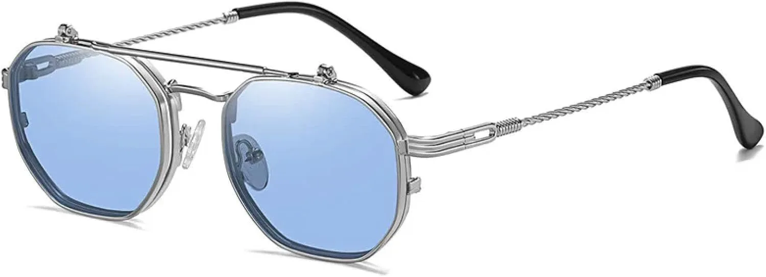 

Ретро-металлические панк-солнцезащитные очки для мужчин и женщин, с откидными линзами, прозрачные линзы Ocean Lens, защита от УФ-излучения UV400 HHZZYVY, Silver Blue