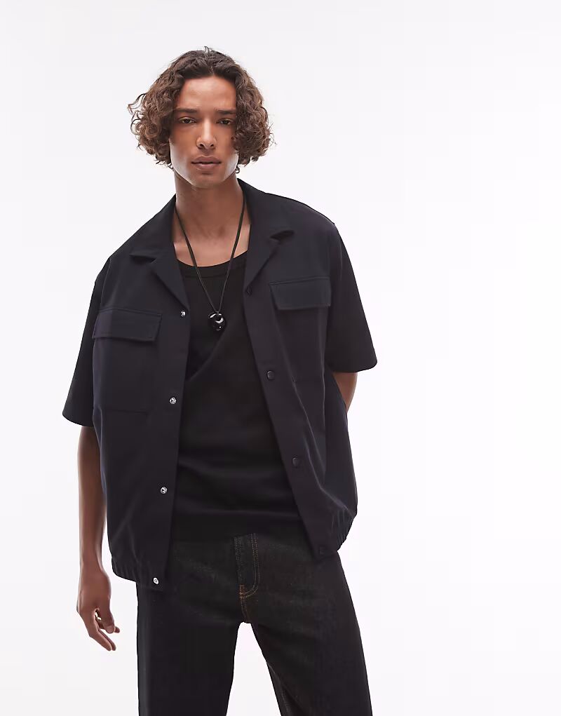 

Футболка Topman премиум-класса с пуговицами и кнопками темно-синего цвета
