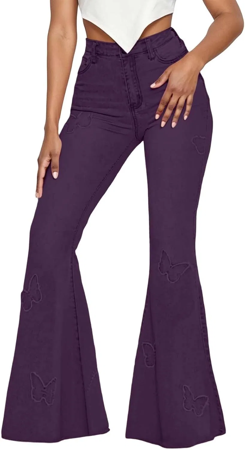 Джинсы клеш с вышивкой бабочками, фиолетовый