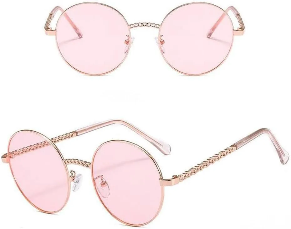 

LVTFCO Модные солнцезащитные очки с круглой цепочкой для женщин, винтажная ретро-оправа, плоская верхняя часть, женские солнцезащитные очки, C4 Gold Tea Pink