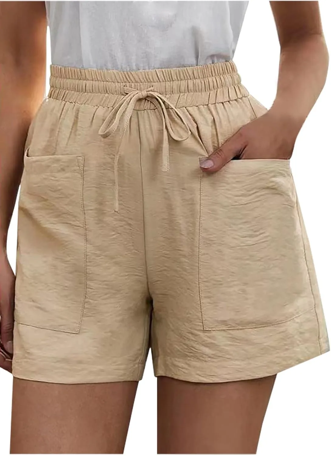 

Высокие шорты из хлопка и льна для женщин, летние, однотонные, бермуды, с кулиской и резинкой, удобные пляжные
