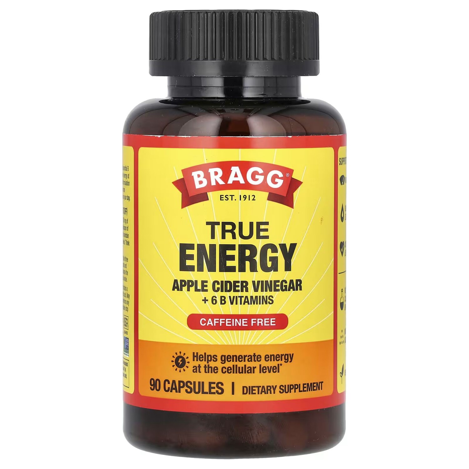 

True Energy, Яблочный уксус + 6 витаминов группы B, без кофеина, 90 капсул Bragg