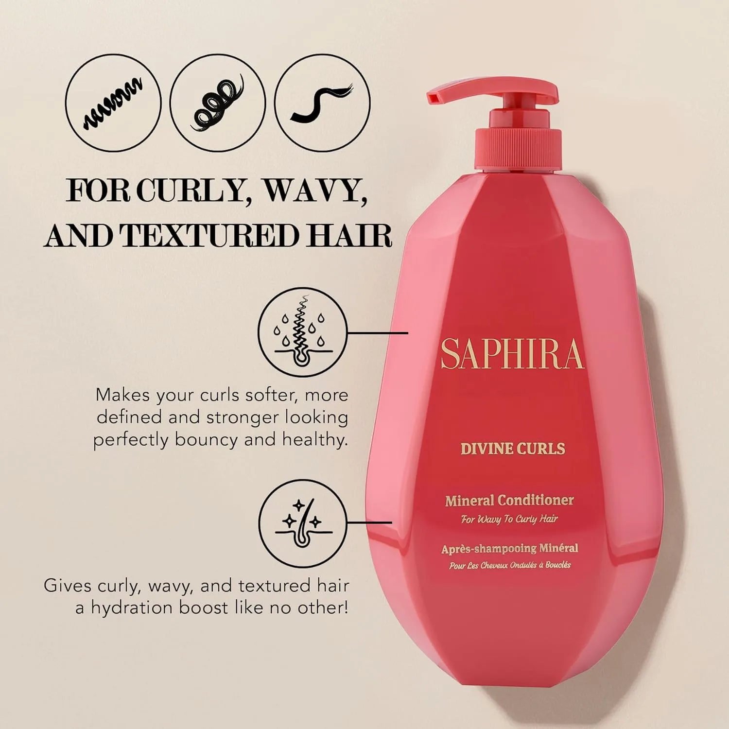 Saphira Divine Curls Mineral Conditioner с минералами Мертвого моря - кондиционер для волнистых и кудрявых волос, 1000 мл 1005 мл (1 шт.), Black — фото 2