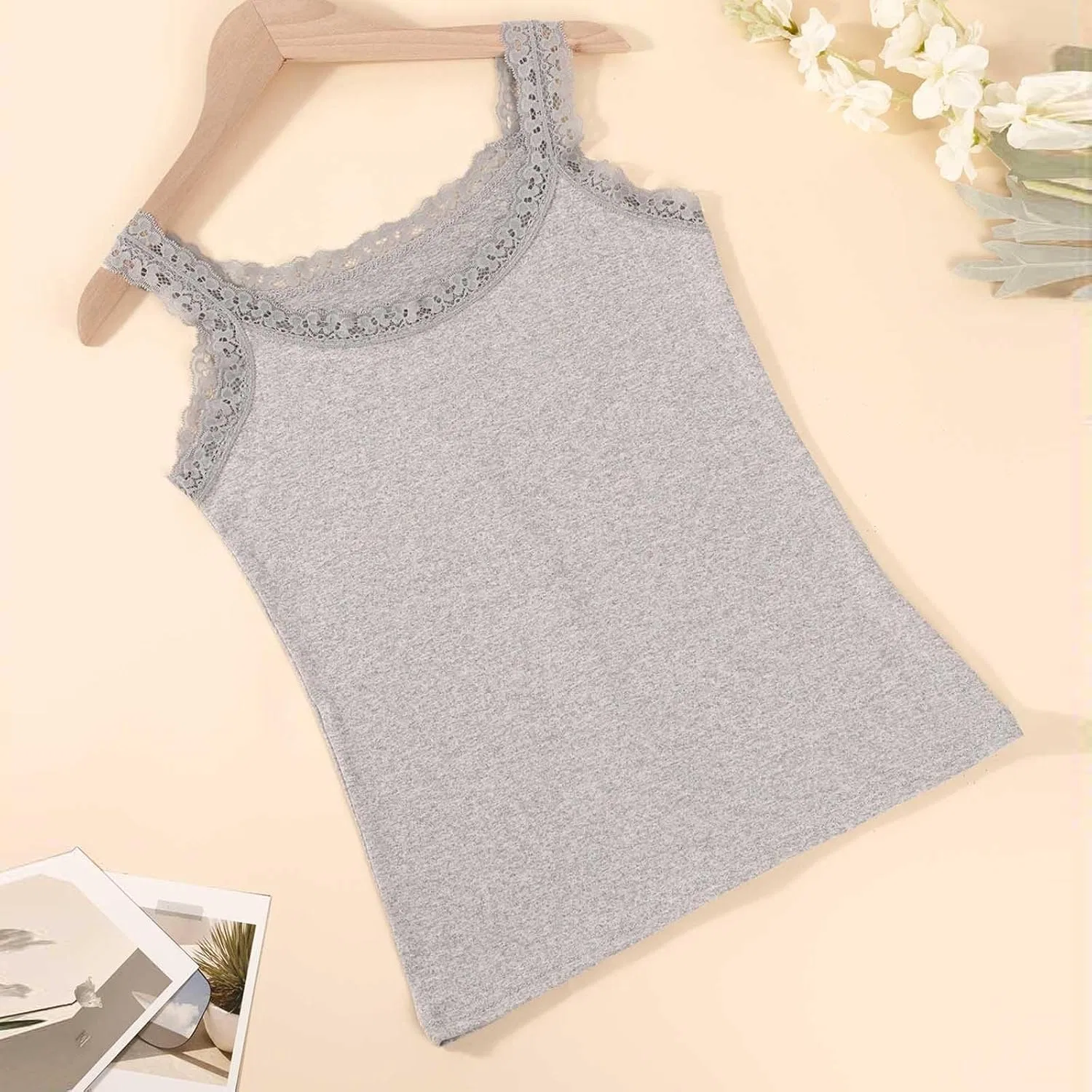 Женская майка ribbed fitted lace trim, Gray — фото 3
