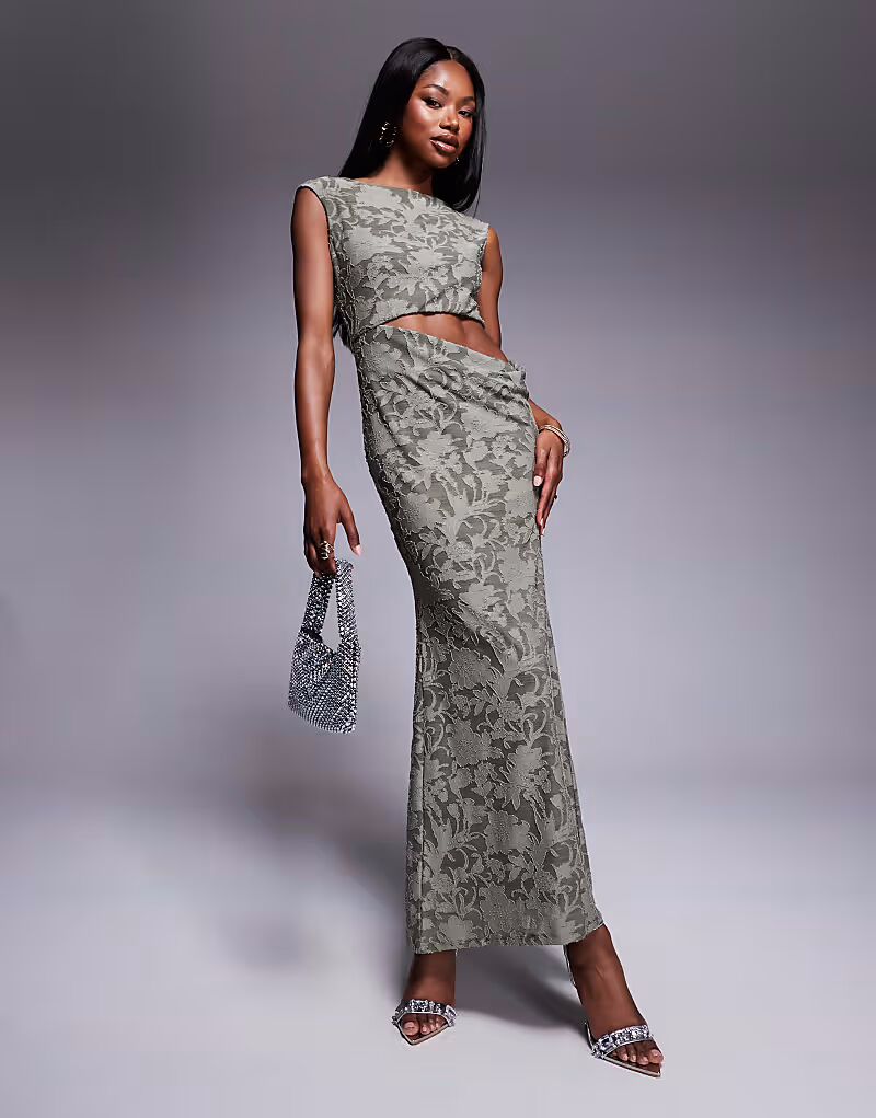 

Платье макси ASOS DESIGN с косым вырезом, вырезом на талии и глубоким вырезом на спине цвета хаки