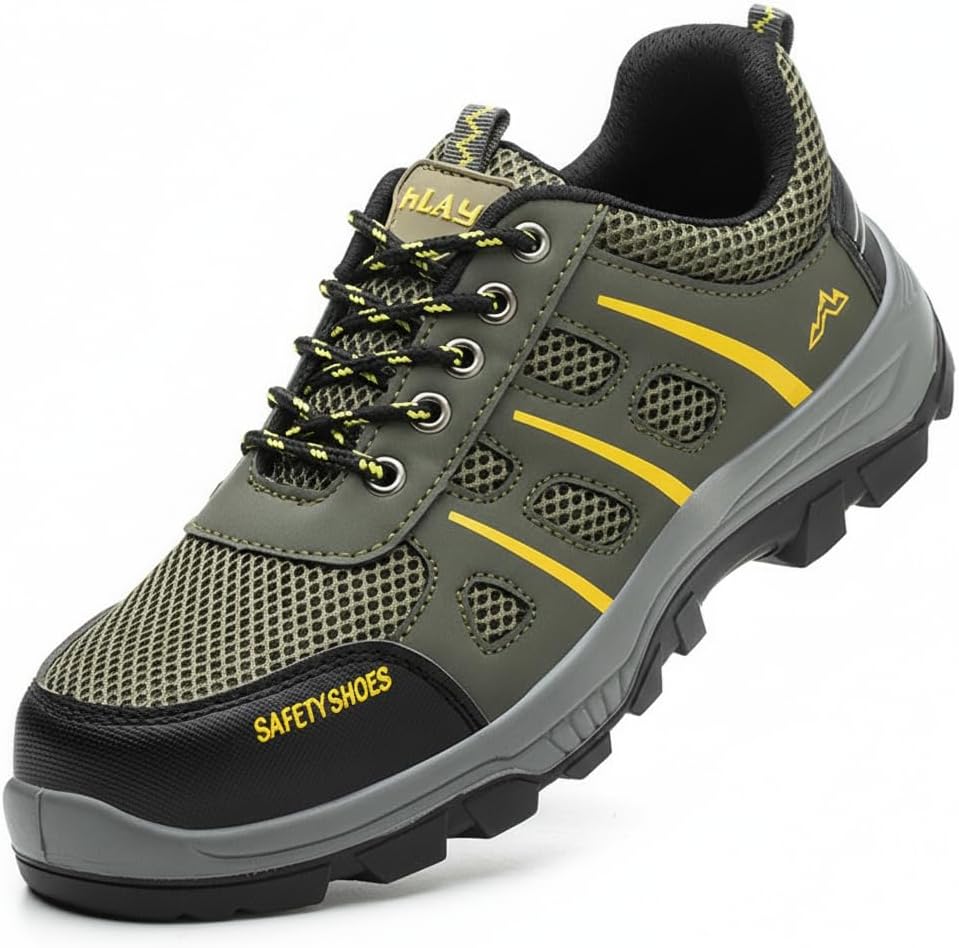 

Мужские туфли FLOWERGIRR с дышащей сеткой и стальным носком, летние легкие защитные кроссовки, устойчивые к проколам, с прочной подошвой для промышленного и строительного использования, зеленый