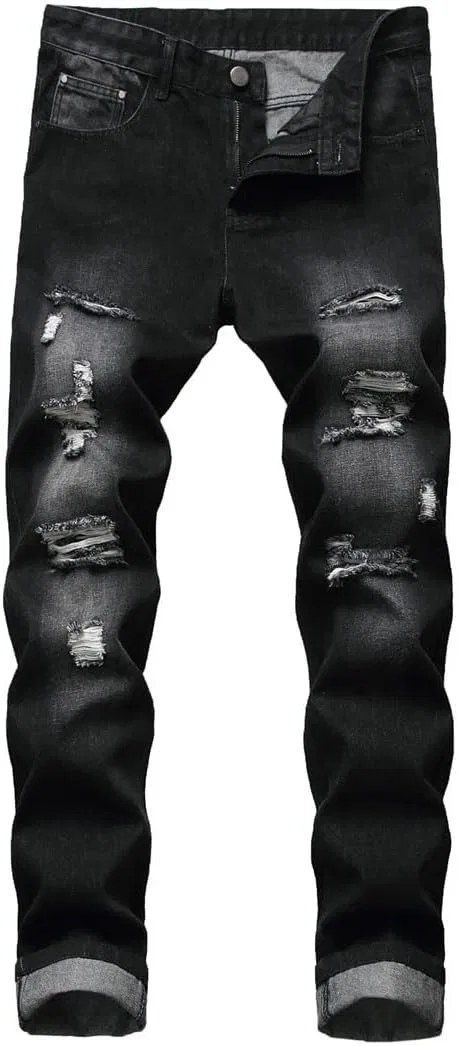 Джинсы прямые рваные, Slim Fit, черные