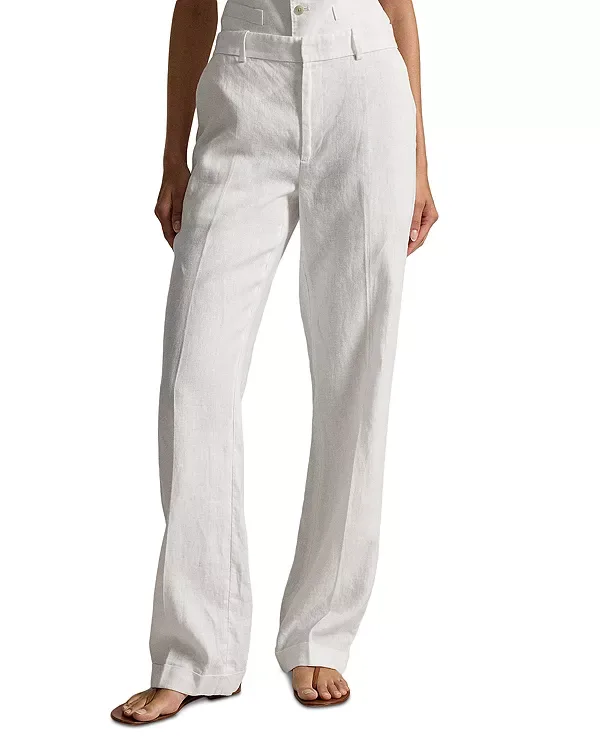 Льняные брюки прямого кроя с высокой посадкой Ralph Lauren, White
