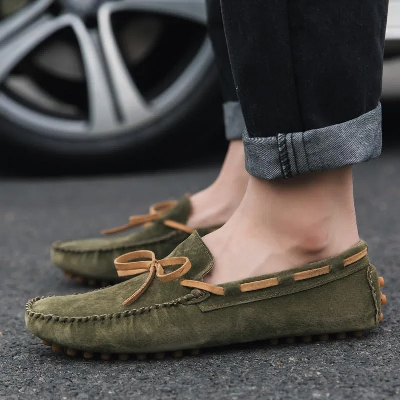 Мокасины мужские кожаные, Loafers for Men Round Toe Nubuck Leather Driving Style Moccasins Loafer Comfortable Flat Heel Lightweight Party Wedding Slip On, армейский зеленый SayfuR — фото 4