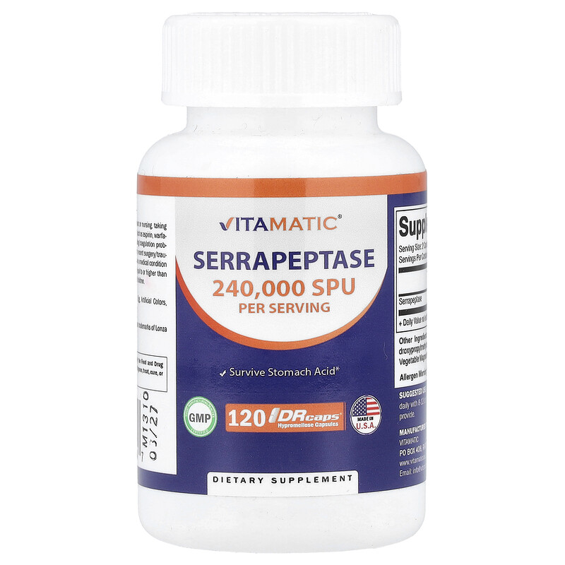 

Vitamatic, Серрапептаза, 240 000 SPU, 120 капсул из гипромеллозы DRcaps (120 000 SPU на капсулу)