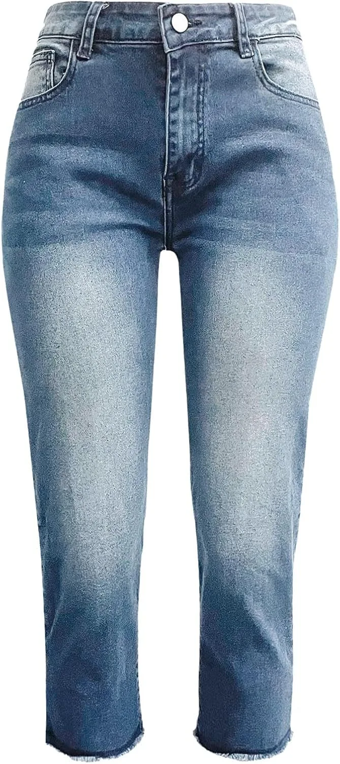Женские джинсы капри High Waisted с прямыми штанинами и необработанным краем — фото 4