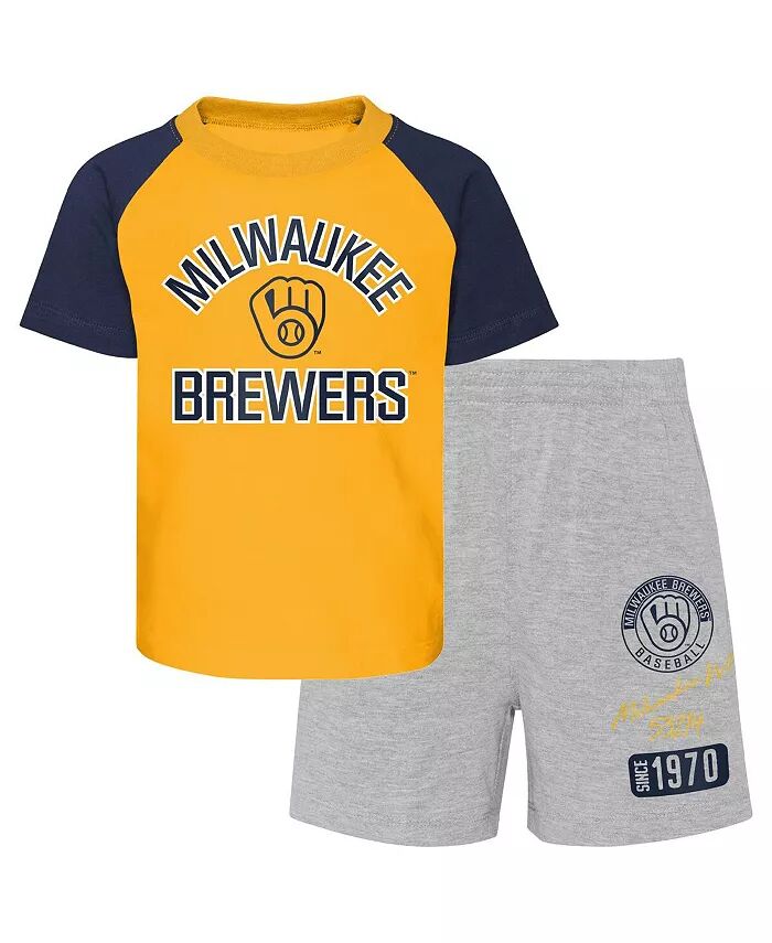 

Комплект из двух предметов: футболка и шорты реглан Groundout Baller Milwaukee Brewers золотисто-серого и лилово-серого цвета для мальчиков и девочек Outerstuff