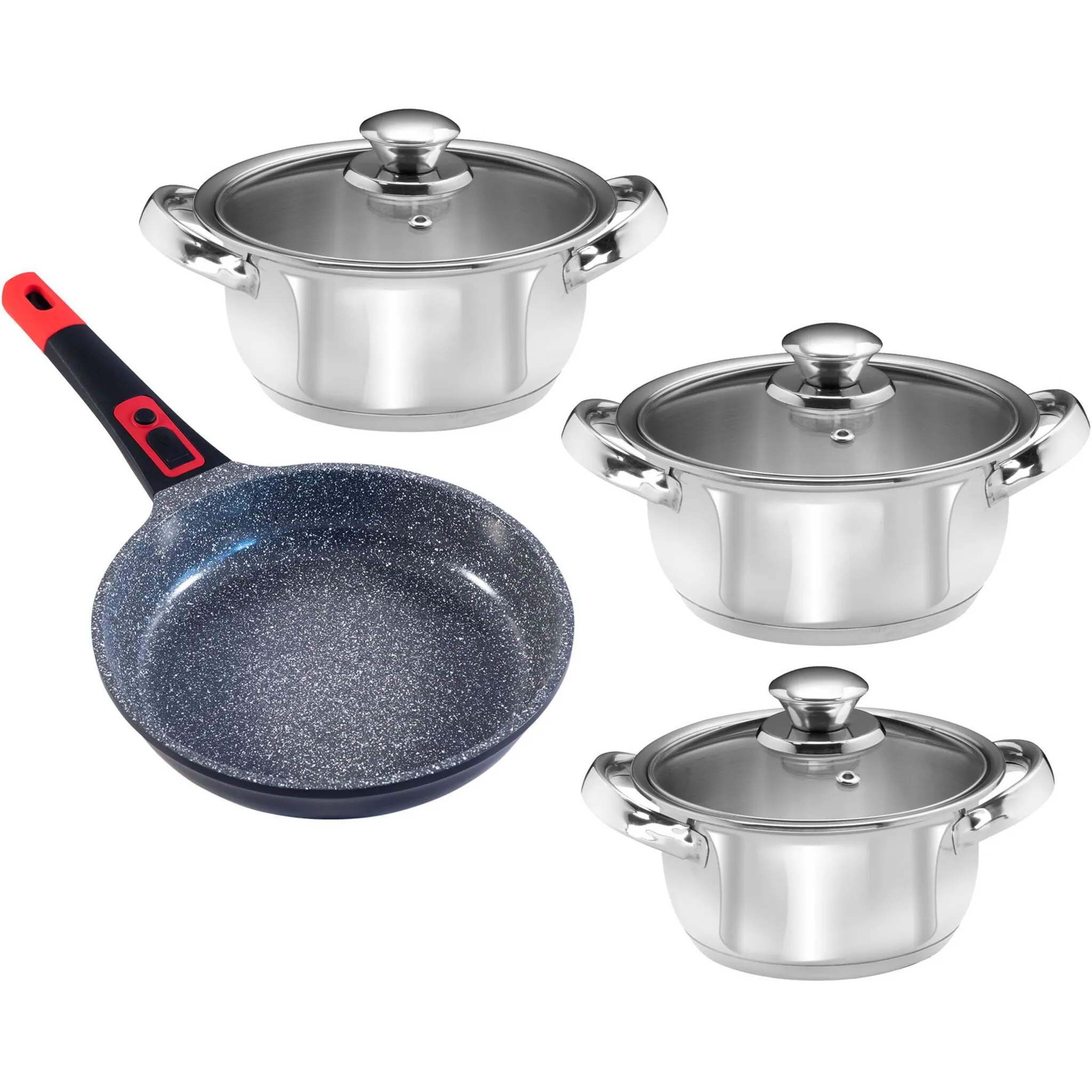 

Набор кастрюль KING «НЕРЖАВЕЮЩАЯ СТАЛЬ», нержавеющая сталь, (набор, 7 предметов, 3 кастрюли Ø 16/18/20 см, включая стеклянную крышку, 1 сковороду), индукция, черный