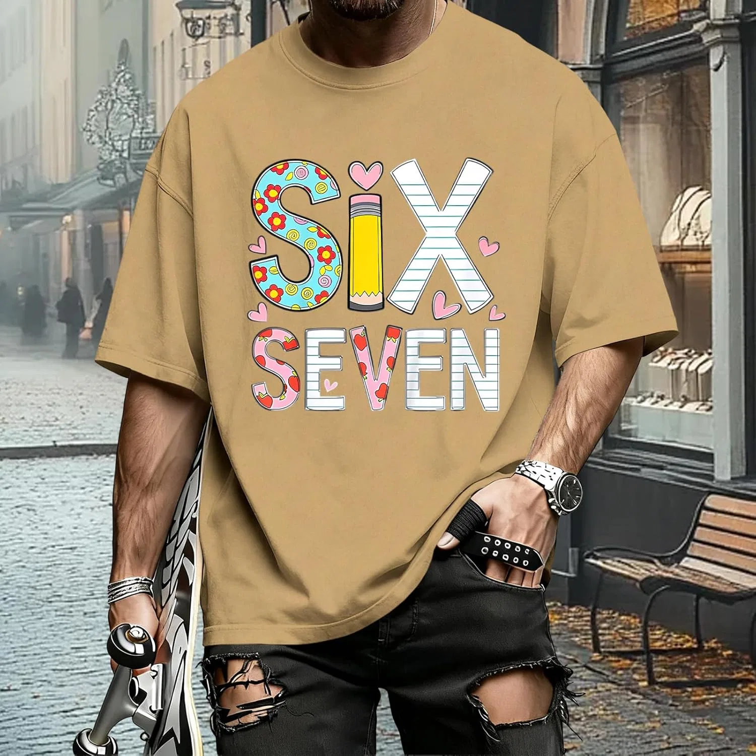 Футболка Six Seven | С круглым вырезом и принтом - Мужская хлопковая футболка с коротким рукавом, свободного кроя, летняя модель - для отдыха и путешествий — фото 3