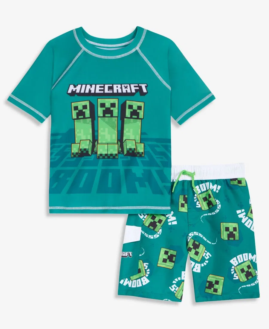 Комплект из двух предметов: рашгард и плавки для мальчиков 4-7 лет Minecraft, зеленый