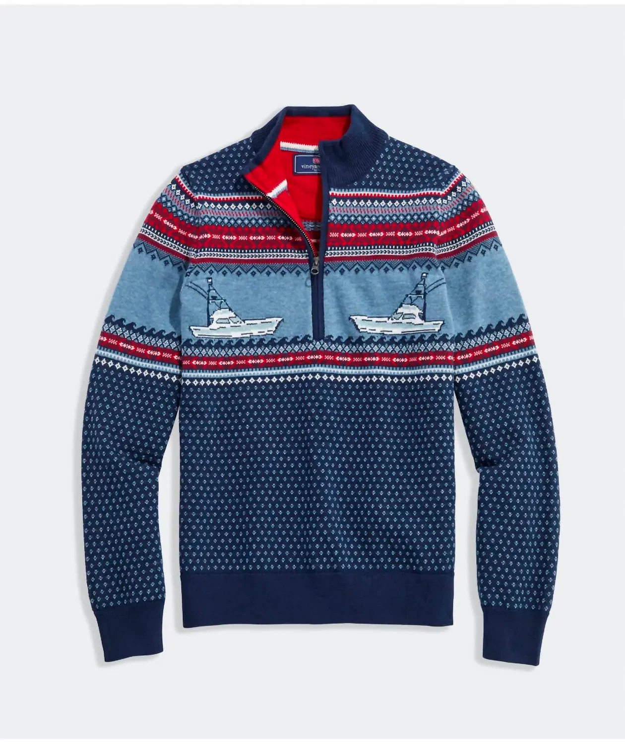Vineyard Vines Детский пуловер Fair Isle с застежкой-молнией на четверть длины, морской темно-синий