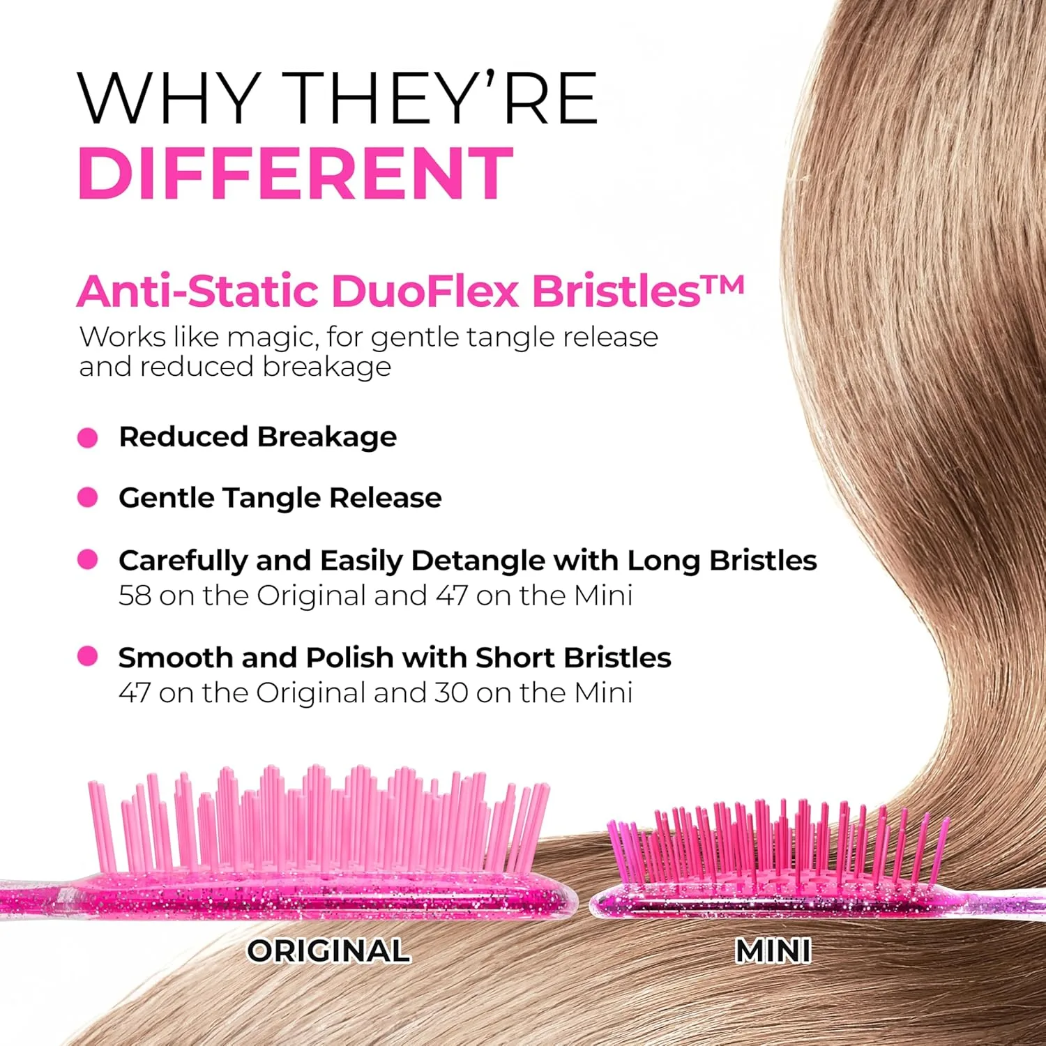 FHI Heat UNbrush Detangling Brush Combo Pack - оригинальная и мини UNbrush для всех типов влажных и сухих волос - DuoFlex антистатическая щетка, вентилируемая расческа для безболезненной укладки, Rose Quartz Pink — фото 2