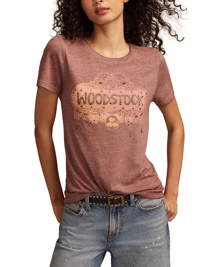 

Женская классическая футболка с круглым вырезом и узором «Вудсток» Lucky Brand, коричневый