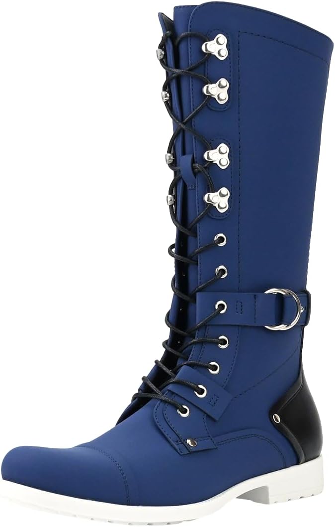 

Мужские высокие ботинки Santimon на шнуровке с боковой молнией, модной пряжкой и ремнем, стойкие к износу, противоскользящие, до колена, синий