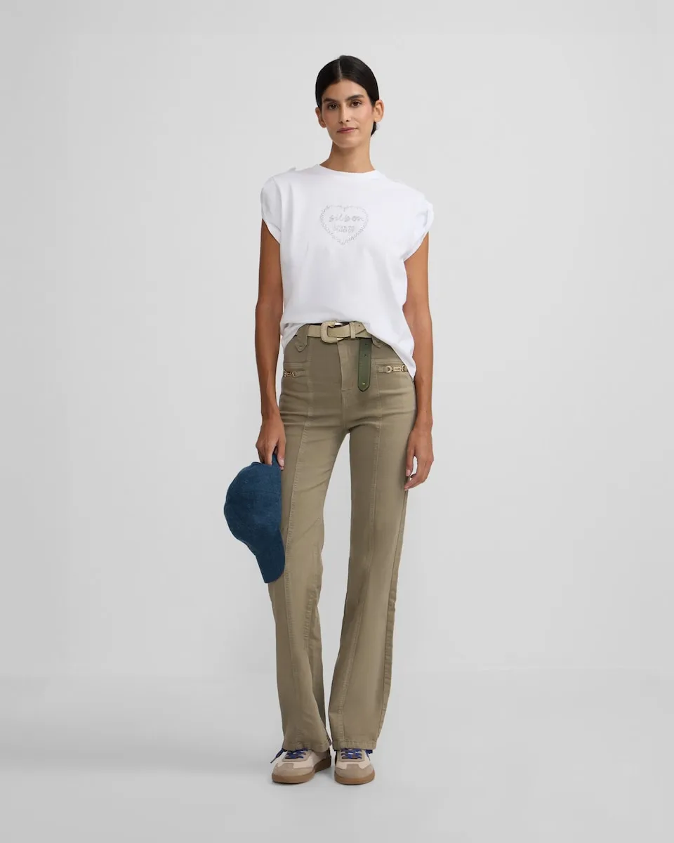 

Женские прямые джинсы с пряжками Silbon, темно-зеленый