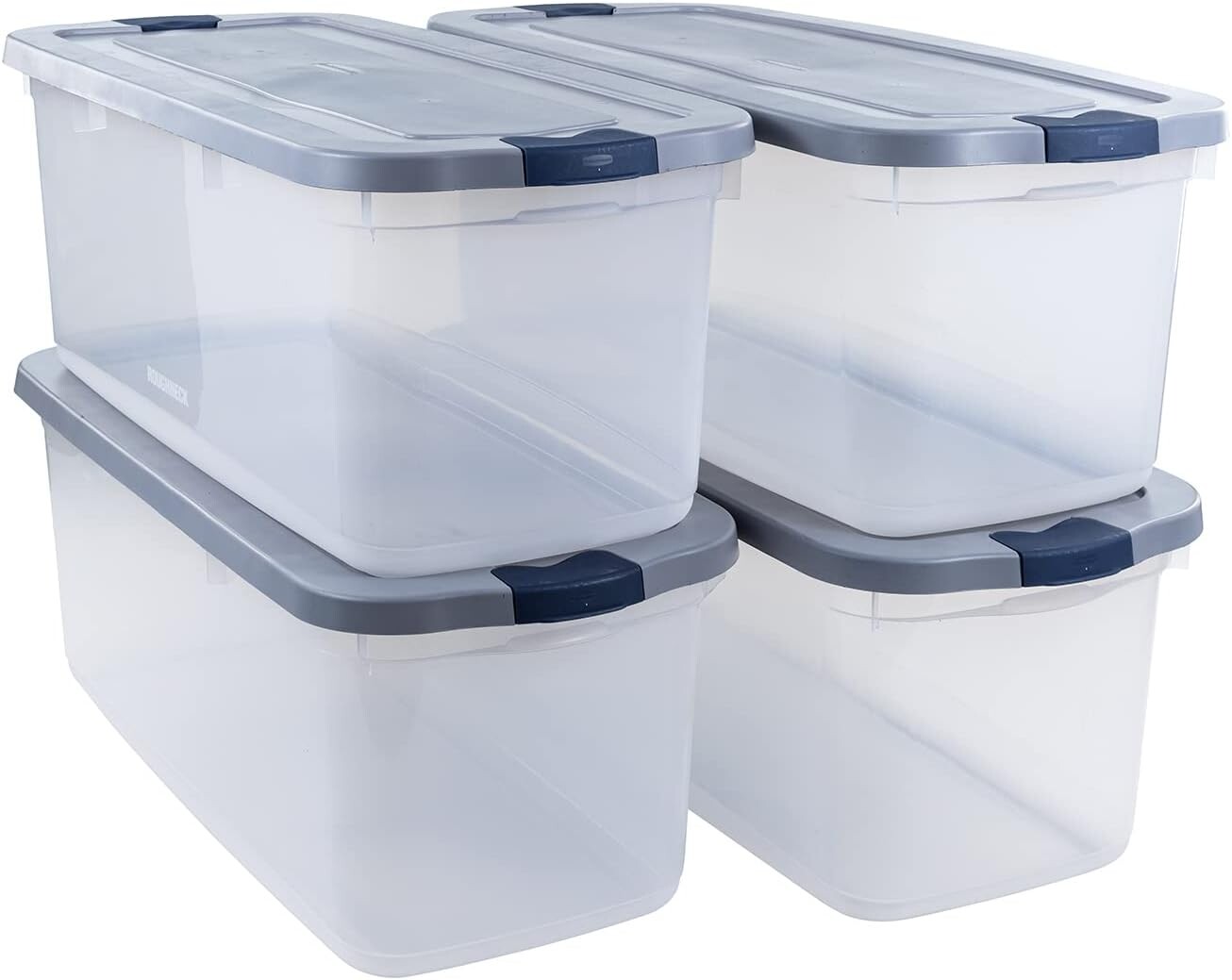 

[T] Прозрачные контейнеры для хранения Rubbermaid Roughneck емкостью 95 кварт/23,75 галлона, упаковка из 4 шт. с защелкивающимися серыми крышками, видимое основание, прочные и штабелируемые, отлично подходят для хранения и организации, Grey Lid/...